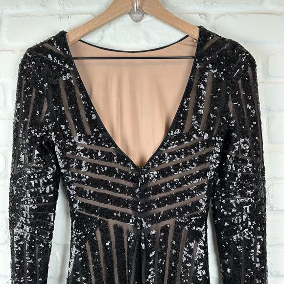 Dress the Population Emery Sequin Dress Long Sleeve Stretch Midi Sheath Black XS - Picture 6 of 11